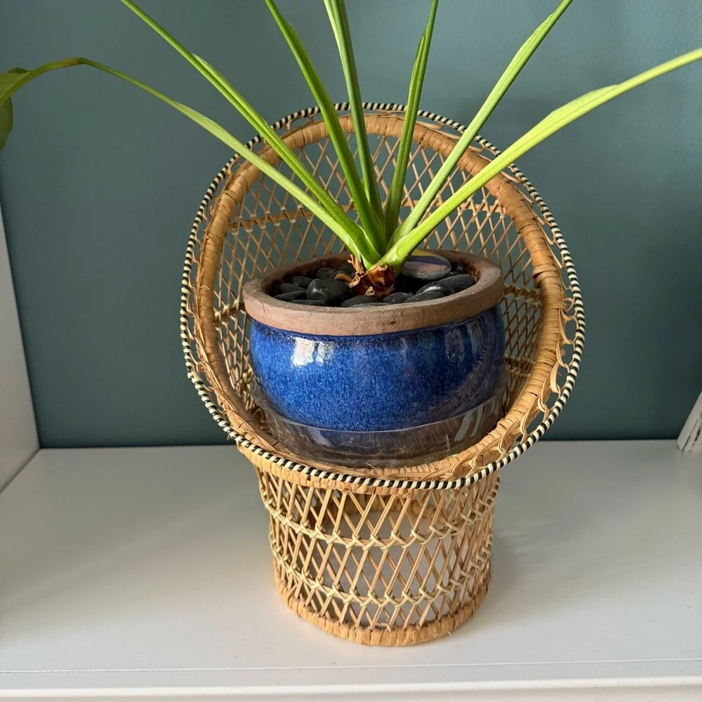 Vintage Wicker Woven Peacock Chair Rattan Woven Doll Chair Plant Stand